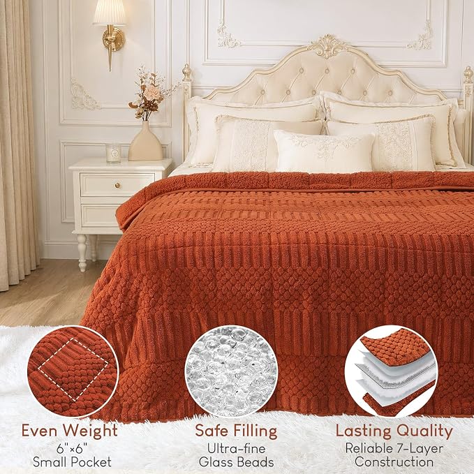 Cottonblue Sherpa Fleece Weighted Blanket 15 lbs for Adults Queen Size Soft | Fuzzy Jacquard Heavy Blankets Throw 60"x80" for Sleep Calm Relax, Cozy Warm Knitted Heavy Blanket for Bed Sofa,Burnt Orange