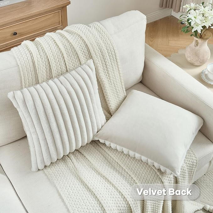 FUTEI Pack of 4 Fluffy Faux Fur Throw Pillow Covers 18x18 Inch Elegant Striped Textured Decorative Cushion Cases Modern Accent Pillow for Couch Bed Living Room, Cream White