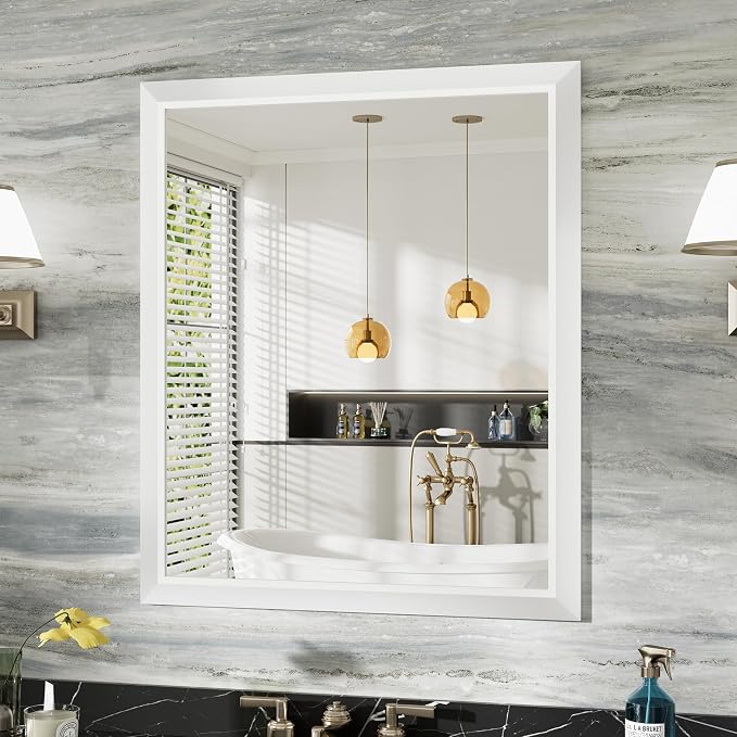 Bathroom Wall Mirror, White Metal Frame, 36x30 Inch | Anti-rust, HD tempered glass, for bathroom vanity, bedroom, living room, horizontal or vertical mount