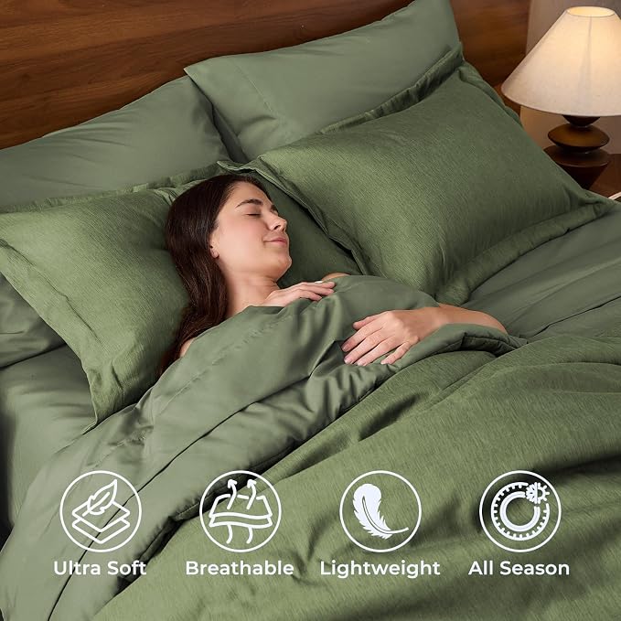 JOLLYVOGUE King Comforter Set 7 Pieces Dark Green, Cationic Dyeing Bed in a Bag King, Double-Tone Bedding Set with Down Alternative Comforter, Sheets, Pillowcases & Shams