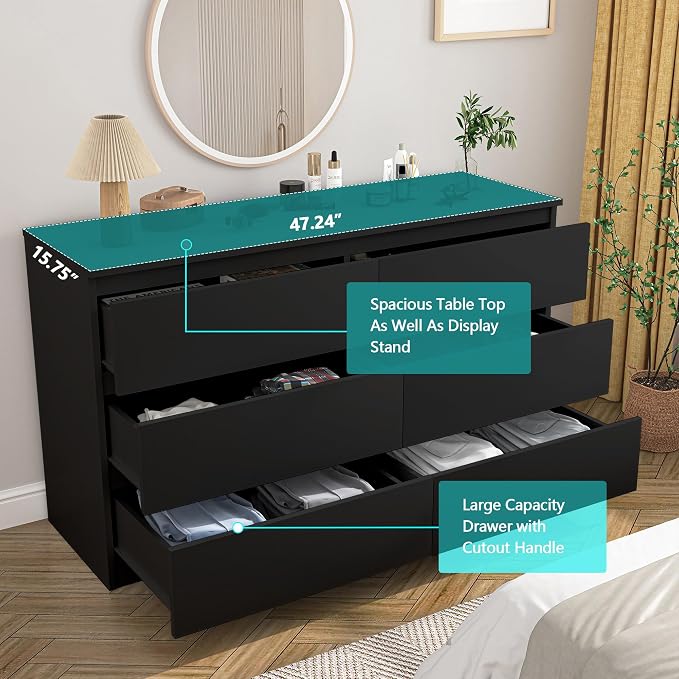 Vibe & Dine 6 Drawer Double Dresser, Modern Chest of Drawers with Wide Storage for Closet, Bedroom, Living Room, Black