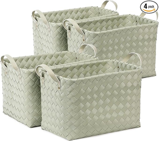 BROWNLILY Handwoven Clothes Basket Laundry Hampers Large Wicker Storage Baskets for Shelves Blankets Closet Storage Bins Car Bedroom Bathroom Organizers and Storage Bath (Pack of 4, Green)