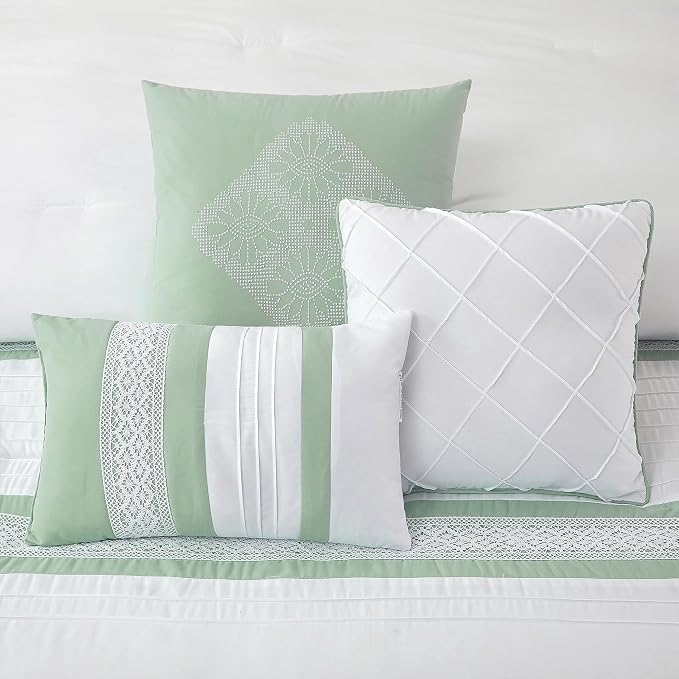 7 Piece Comforter Set, Sage White, Queen Size, Boho Style Geometric Microfiber Embroidery, Bed in a Bag with Bedskirt, Pillow Shams and Decor Pillows