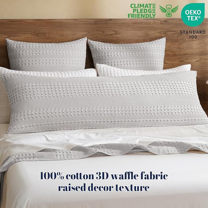 PHF 100% Cotton Waffle Body Pillowcase with Zipper, 1 Pack 20" x 54" Soft Skin-Friendly Pillow Sham, No Filling, Aesthetic Woven and Breathable Waffle Weave Body Pillow Cover for Bed, Light Grey