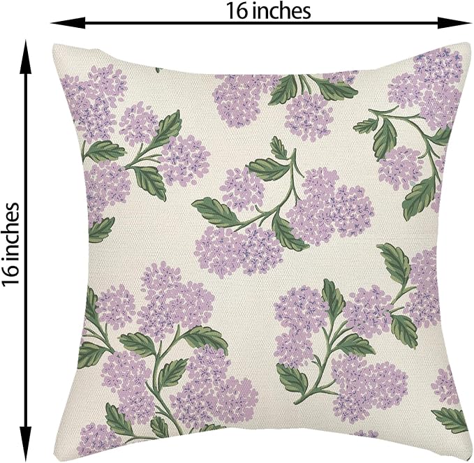 Purple Pink Spring Pillow Covers 16x16 Inch 2 Pcs Green Hydrangea Flower Decor Throw Pillows Vintage Floral Seasonal Summer Outdoor Decoration Pillowcase Linen Cushion Cover for Couch Sofa
