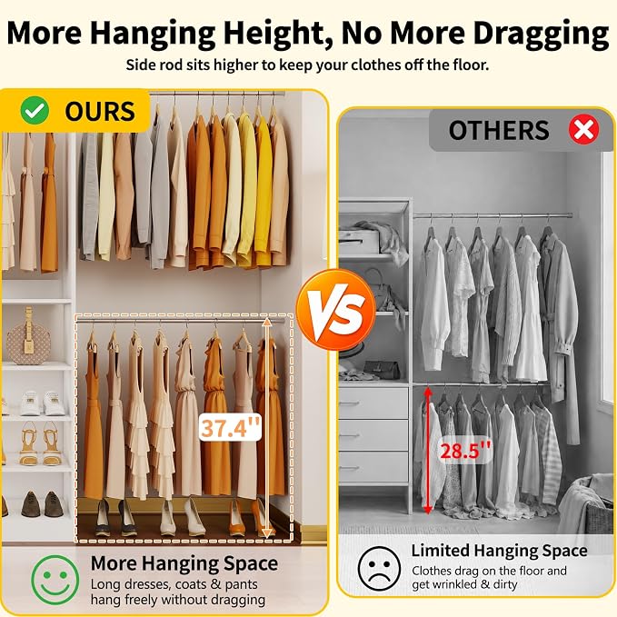 Fastgo Closet System with Drawers, 2FT-9.8FT Hanging Closet Organizer System with 4 Expandable Hanging Rods&Adjustable Shelves, Modular Closet Systems with Light & Mirror, White