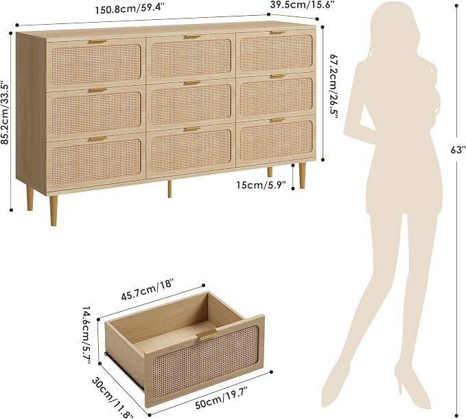 GarveeHome Rattan 9 Drawer Dressers for Bedroom, Deep Drawer, Natural | Tall Dresser, Wide Top, for Living Room, Hallway, Kids Room, Large Chest of Drawers for Closet, Long Wooden Dresser