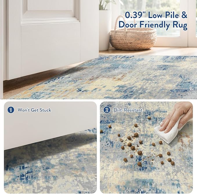 Lahome Modern Abstract Kitchen Rug - 2x3 Washable Small Front Doormat Soft Throw Rugs for Entryway Non-Slip, Contemporary Faux Wool Floor Indoor Carpet for Bathroom, Blue/Yellow/Ivory