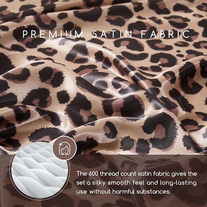 MR&HM Satin Sheets Twin Size with Elastic Corner Straps, Brown Leopard | Similar to Silk, 3-Piece Silky Soft Bed Sheet Set, Gentle on Skin and Hair, 15" Deep Pocket, Cooling & Breathable