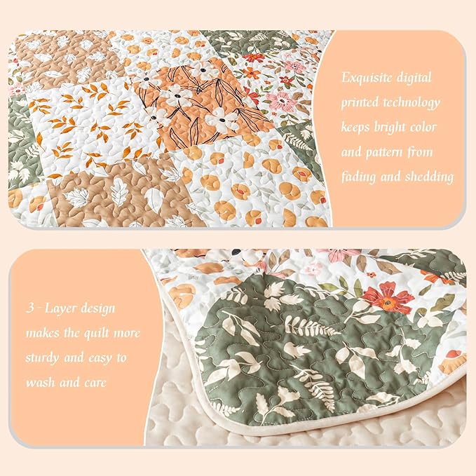 Whale Flotilla Patchwork Quilts Twin Size, Extra Soft Floral Bedspreads | Orange Reversible Lightweight Twin Quilt Bedding Set for Bed, Printed Coverlets with 1 Pillow Sham for All Seasons