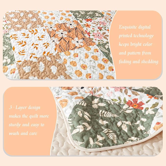 Whale Flotilla Patchwork Quilts Queen Size, Extra Soft Floral Bedspreads | Orange Reversible Lightweight Full Queen Quilt Bedding Set for Bed, Printed Coverlets with 2 Pillow Shams for All Seasons