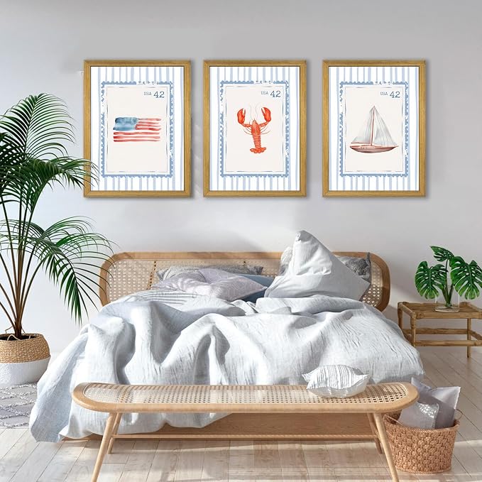 Wood Framed Blue Beach Stamp Set of 3 Canvas Poster Coastal Granddaughter Room Wall Art Decor Vintage Preppy Aesthetic Prints Artwork for Girly Dorm Apartment Ocean Home Decoration 12x16 Inch