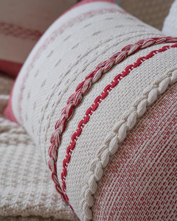 Christmas Lumbar Pillow Covers 14x36 Inch Long, Red Textured Boho Christmas Decoration Pillow Cases for Farmhouse Home Decor, Accent Cushion Cover for Sofa, Bed, Living Room, Bedroom, Pack of 1