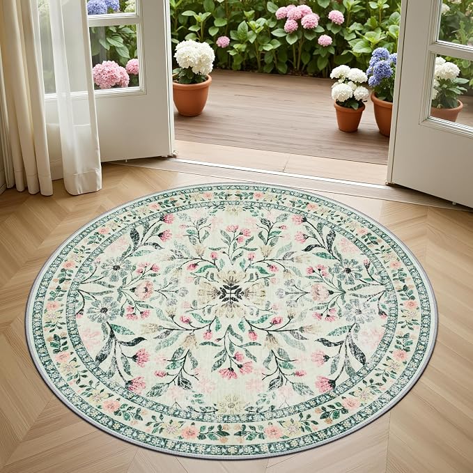 PLHXFR Round Area Rug Living Room: 4 ft Floral Washable Carpet Green Beige | For Bedroom Dining Room Farmhouse Nursery Hallway,Vintage Floral,Machine washable,Non Slip,Stain Resistant,Large Indoor