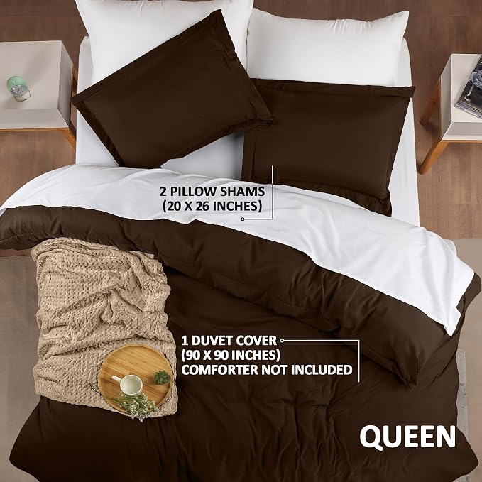Duvet Cover Queen, 3 Piece Cotton Like Polyester With Zipper Closure, Brown | Extra Soft and Breathable, Wrinkle & Fade Resistant, Includes Duvet Cover and 2 Pillow Shams, Comforter Not Included, OekoTex