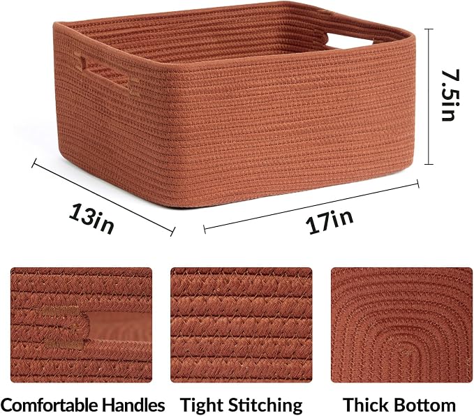 MiniArk Large Storage Baskets for Shelves, 17 x 13 x 7.5” Closet Organizers Bins for Clothes Blanket Towels, Baby Nursery, Toy Baskets Box, Woven Rope Baskets, 3 Packs Oxide Red