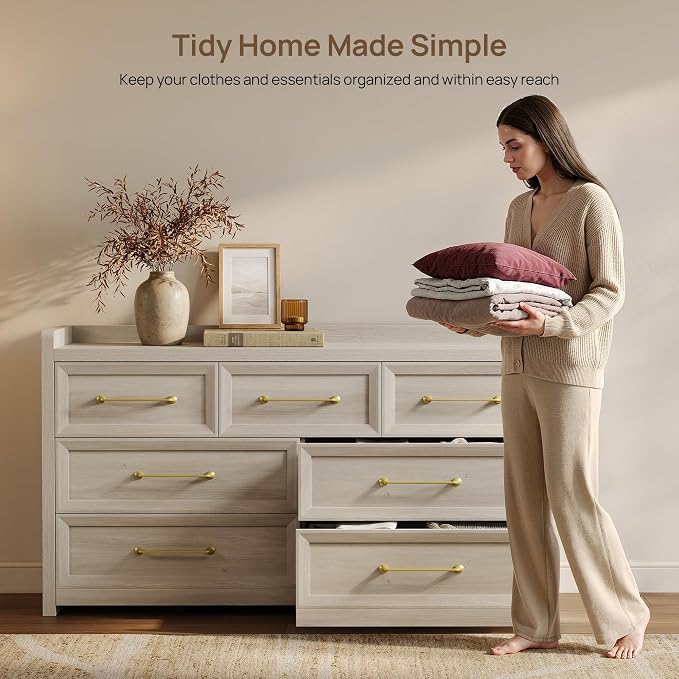 SICOTAS Dresser for Bedroom with 7 Drawers, 56.5" Wide Large Modern Dresser | Chest of Drawers for Living Room, Closet Clothes Storage Organizer Smooth Sliding Drawers, Grey White Oak