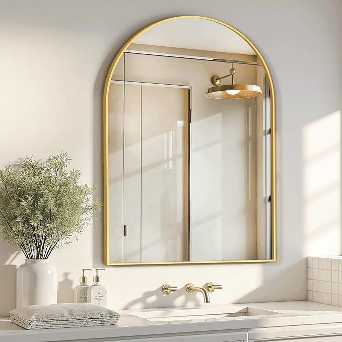 Arched Bathroom Mirror for Wall, 38" x 26" Metal Frame Vanity Mirror, Gold | Aluminium Alloy Frame, HD Shatterproof Glass, for Bathroom Over Sink , Entryway, Bedroom, Living Room