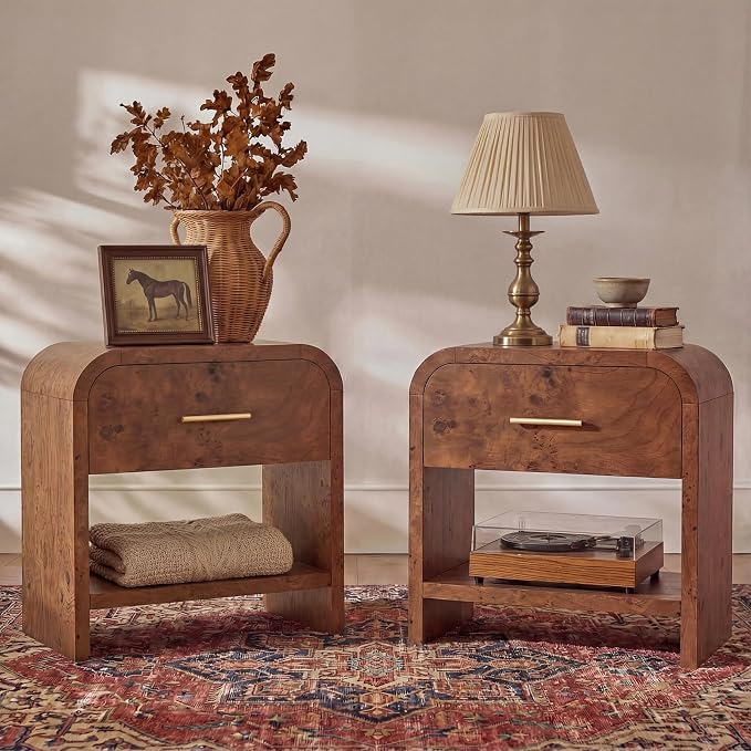 Night Stand Set of 2 [Unique Curved Profile] [FSC-Certified Wooden Board] 1-Drawer and 1 Storage Shelf Nightstand 24" H Metal Handle Modern Bedside Table Side Table End Table | [Curved Profile] [FSC-Certified Wooden Board] Nightstand 24" H Metal Handle...