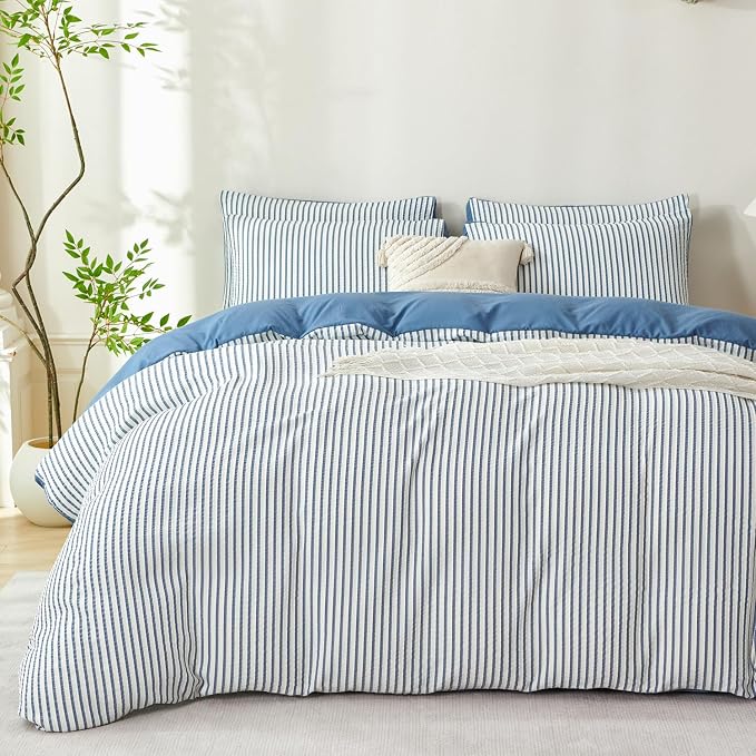 Striped Comforter Set Queen Denim Blue Soft Luxury Washed Microfiber Jacquard 3 Pieces Bedding Set, White Denim Blue Vertical Ticking Stripes Comforter with 2 Pillowcases Breathable Durable Comfy