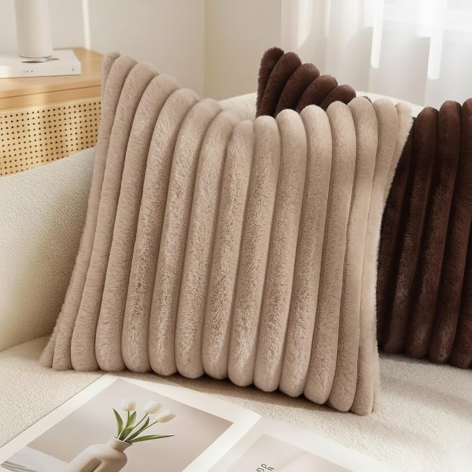 decorUhome Fall Faux Fur Throw Pillow Covers 24x24 Set of 2 Khaki Brown | Decorative Soft Cozy Striped Plush Modern Farmhouse Boho Couch Pillow Cases Velvet Back for Sofa Bed Living Room Home Decor