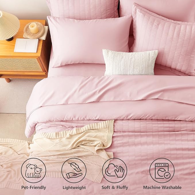 Queen Comforter Set, 7 Pieces Pink Seersucker Bed in a Bag | OEKO-TEX Certified, All Season Bedding Set with 240 GSM Down Alternative Comforter, Flat & Fitted Sheets, Pillowcases & Shams