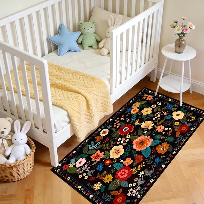 Floral Washable 2x4 Area Rugs Runner Entryway Hallway Black | Flower Carpet, Print, Boho, Non-Slip, Easy to Clean, Low Pile, Soft, for Living Room Bedroom Kitchen Office Entrance