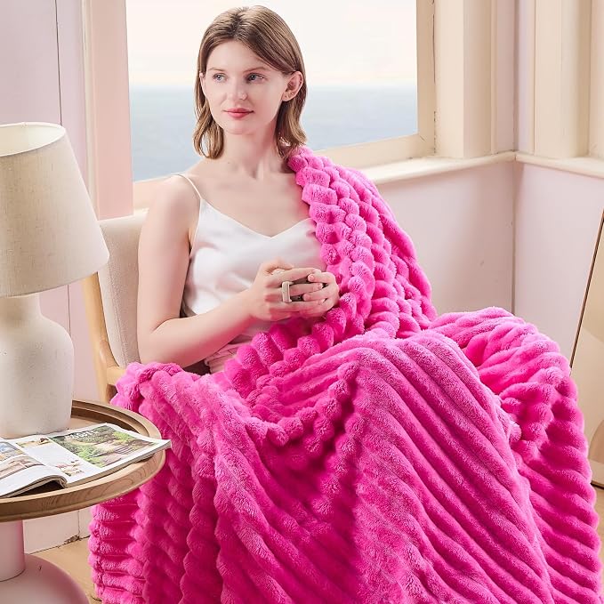 NEWCOSPLAY Fleece Ribbed Cozy King Blanket for Couch, Hot Pink, 90"x110" | Premium Silky Flannel Blanket, Soft Lightweight Fluffy Throw Blanket for Bed Sofa Decor, Gift for All Season Use
