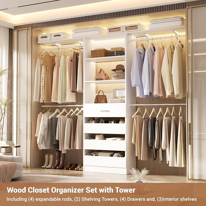 Aheaplus Closet System with 4 Drawers, 8FT Wood Closet Organizer System | 96" Closets Built In System Tower with Shelves, Walk-in Closets Wardrobe Clothes Garment Rack, Fits Spaces 4-9 ft, White