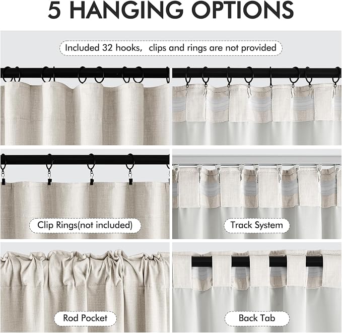 MIULEE 100% Blackout Back Tab Pleat Linen Curtains 50" Wx80 L,Birch | 2 Panels,Thick Faux Linen,Textured Drapes,with Hooks,for Bedroom Living Room,Black Out,Room Darkening
