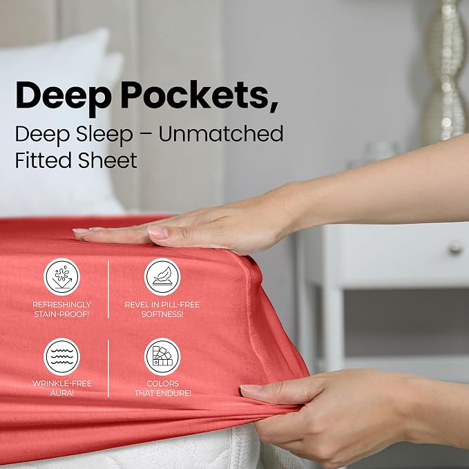 Queen Fitted Sheet, Ultra Soft Fits Up to 16 Inch Deep Pocket, Coral | Hotel Comfort, Cooling & Breathable Cotton like Polyester, Easy Fit, Wrinkle & Fade Resistant, Snug Fit, Easy Care, Oeko-Tex