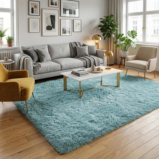 Soft Modern Indoor Large Shaggy Rug for Livingroom Bedroom Dorm Kids Room Home Decorative, Non-Slip Plush Fluffy FurryFur Area Rugs Comfy Nursery Accent Floor Carpet 8x10 Feet, Turquoise Green