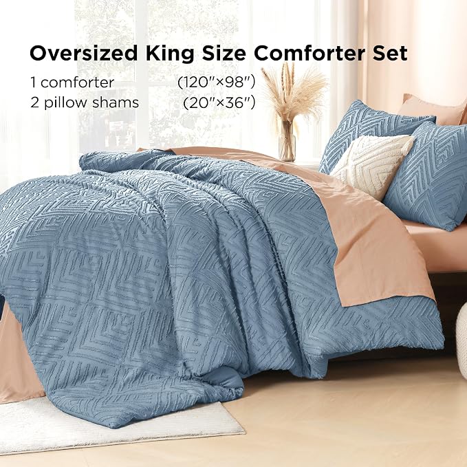 Litanika Oversized King Comforter Set, 3 Pcs Tufted Boho Bedding Set | Grayish Blue Farmhouse Shabby Chic Vintage Bohemian Textured Aesthetic Soft Fluffy Lightweight Breathable All Season Bed Set