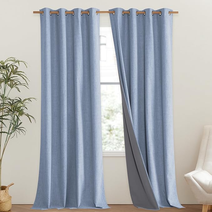 NICETOWN Stone Blue Vintage Linen 100% Blackout Curtains for Living Room, Thermal Insulated Curtains 108" Long, Noise Reducing Window Treatment Drapes for Hall Room, 52" Wide Per Panel, Set of 2