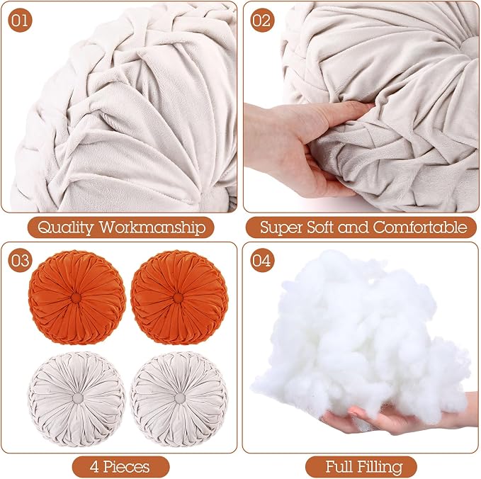 Kathfly 4 Pcs Decorative Round Pleated Throw Pillows, Classy Velvet Pumpkin Round Throw Pillows, Decorative Floor Pillow for Bed Chair Home Sofa Decor, 14" Diameter (Cream,Burnt Orange)