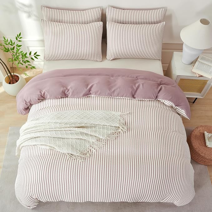 Comforter Set King Purple Soft Luxury Washed Microfiber Jacquard 3 Pieces Bedding, White Grayish Purple Vertical Ticking Stripes Pattern Comforter with 2 Pillowcases Breathable Durable Comfy