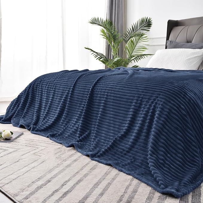 BEDELITE 3D Ribbed Jacquard Navy Blankets Queen Size for Bed, 90x90 Inch | Soft Warm Decorative Fluffy Blanket, Cozy Fuzzy Lightweight Plush Fleece Throw Blankets for Bed, Room Decor, Gift for Women