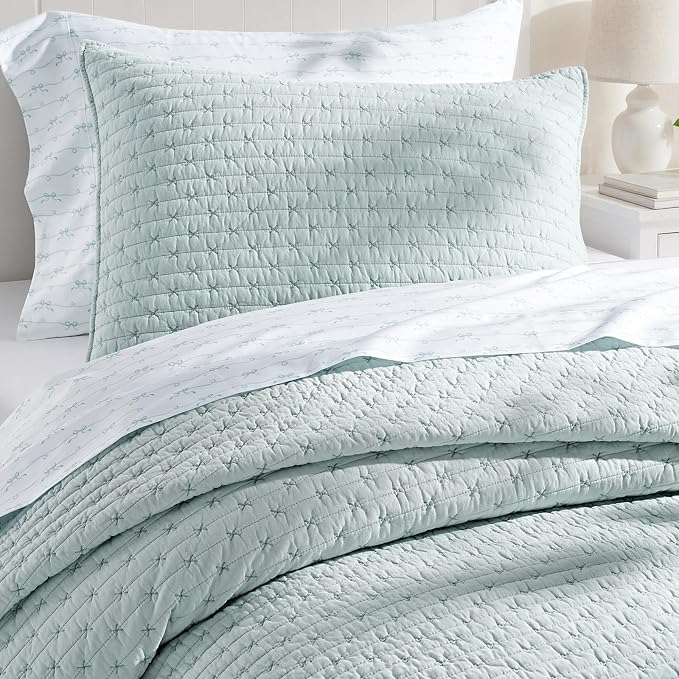 100% Cotton Cross Stitch Quilt Set, Twin, Seafoam Aqua | 100% Cotton, Elegant Cross Stitch, Soft & Breathable, Prewashed Softness, Oversized Design, OEKO-TEX® Certified
