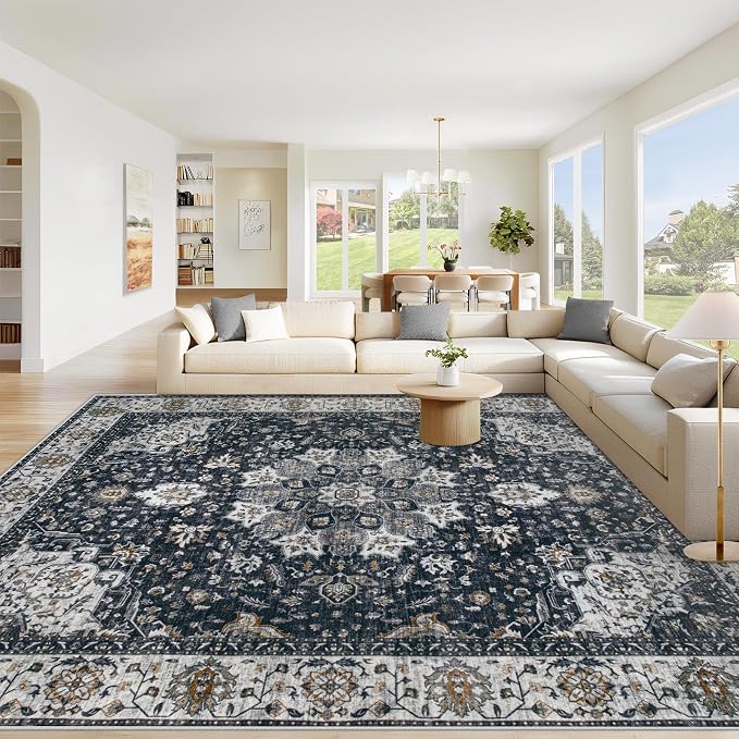 Area Rug 9x12 Washable Rug, Vintage Boho Medallion Rugs Non-Slip Soft Low Pile Large Distressed Rug Indoor Retro Carpet for Living Room Bedroom Dining Room Home Office (Vintage Black, 9'x12')