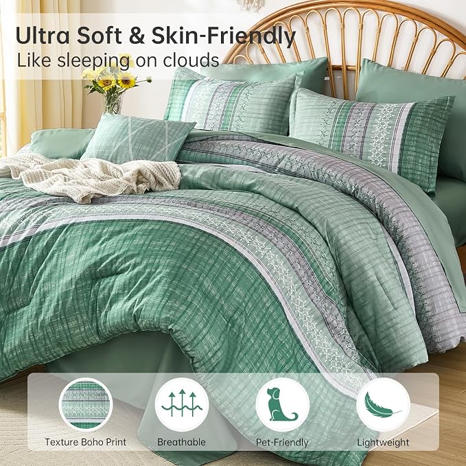 Boho Queen Comforter Size Set, 8 Pieces Sage Green Striped Texture Bed in a Bag Bedding Sets, Lightweight Soft Comforter and Sheet Set, All Season Microfiber Teen Boys Bedding Sets for Men Women