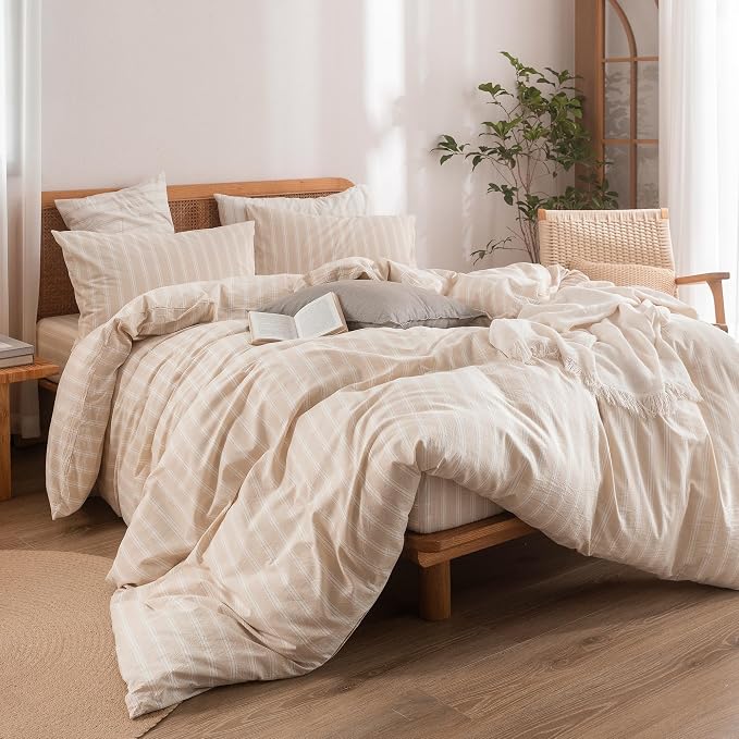 BESTOUCH Striped Cotton Duvet Cover Set Linen Feel Super Queen | 100% Washed Cotton, Soft Wrinkle Texture, Hidden Zipper, 8 Ties, Breathable Lightweight Durable Comfy, 3 Pcs No Insert