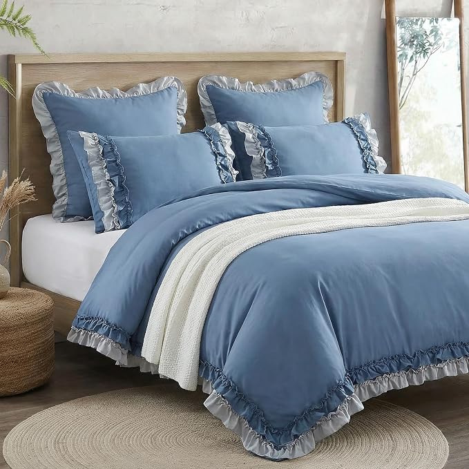 Blue Ruffle Duvet Cover Set Shabby Chic Boho Bedding King Elegant Lace Fringe Ruffled Bedding Super Soft Lightweight All Season Duvet Cover with Pillowcases
