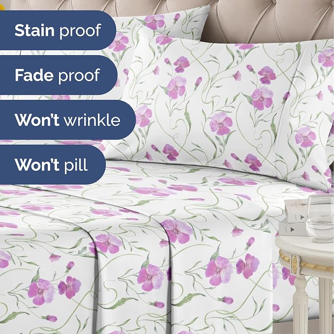 Full 4 Piece Floral Sheet Set - Soft, Breathable & Cooling - Pretty Pink | 1 Flat, 1 Fitted & 2 Pillowcases w/ Deep Pockets, Boho Botanical Floral Bedding, Breathable & Cooling, Wrinkle & Fade Free