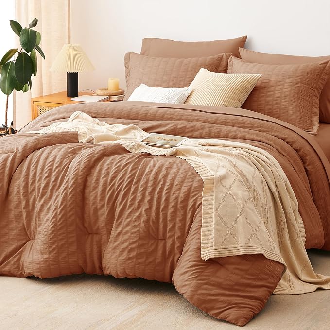 Full Size Comforter Sets, 7 Pieces Pumpkin Seersucker Bed in a Bag | OEKO-TEX Certified, All Season Bedding Set with 240 GSM Down Alternative Comforter, Flat & Fitted Sheets, Pillowcases & Shams