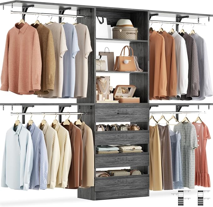 Aheaplus Closet System with 4 Drawers, 8FT Wood Closet Organizer System | 96" Closets Built In System Tower with Shelves & 4 Rods, Walk-in Closets Wardrobe Clothes Rack, Fits Spaces 4-9 ft, Black Oak