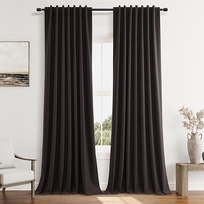 100% Blackout Curtains 84 Inch Length 2 Panels Set for Living Room Bedroom Back Tab Thermal Insulated Black Out Linen Drapes Room Darkening Cocoa Coffee,52x84