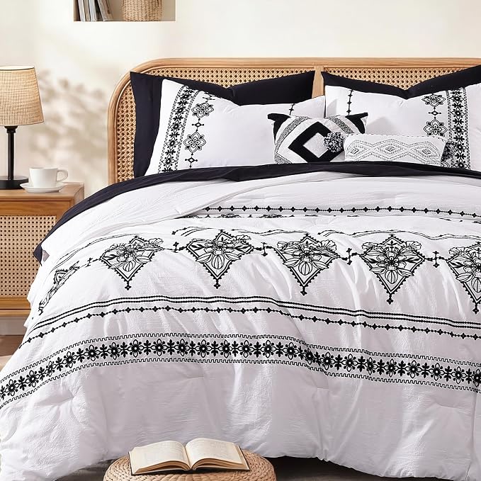 MaiRêve Queen Comforter Set Embroidery Floral 7 Pieces Bed in a Bag | Frost White Boho Farmhouse Bedding Sets with Comforter, Sheets, Pillowcases & Shams