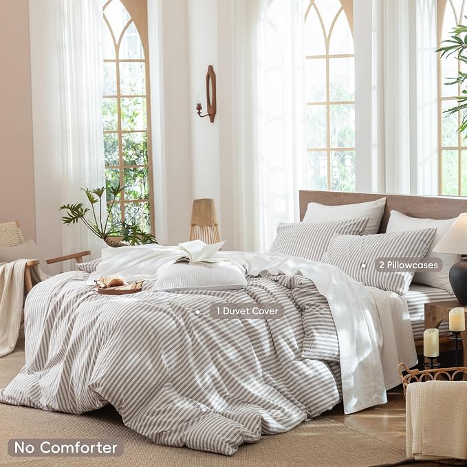 MooMee Striped Duvet Cover Set 100% Washed Cotton Linen Like King | Relaxed Linen-like Texture. Soft, Breathable & Long-lasting Comfort. Lightweight. Hidden Zipper with 8 Interior Corner Ties