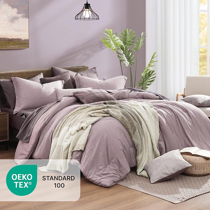 Monbix Full Size Comforter Set 7 Pieces Lilac Cationic Dyeing Bed in a Bag | Lightweight Reversible All Season Bedding Sets with Comforter, Sheets, Pillowcases & Shams