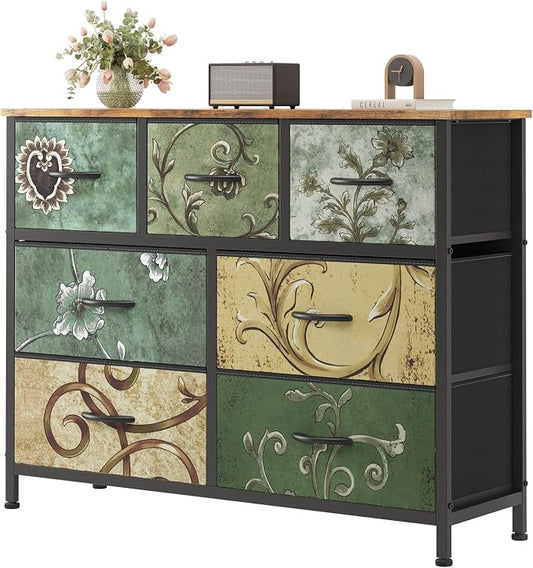 Sweetcrispy 7 Drawer Dresser for Bedroom Storage, Fabric Bins, Floral Print | Anti-Tip Closet Organizer, Wooden Top and Sturdy Steel Frame, Spacious Drawers for Clothes Storage, Hallway Entryway